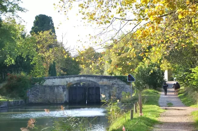 Promeneur et son âne à l'écluse du Tréboul sur le canal du midi
